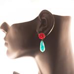 Pendientes Rosa Roja Y lágrima de Jade Azul