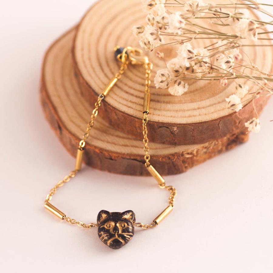 Pulsera Gato Negro Acero | PLGANE | Pulsera, de oro, de gatos, de acero inoxidable