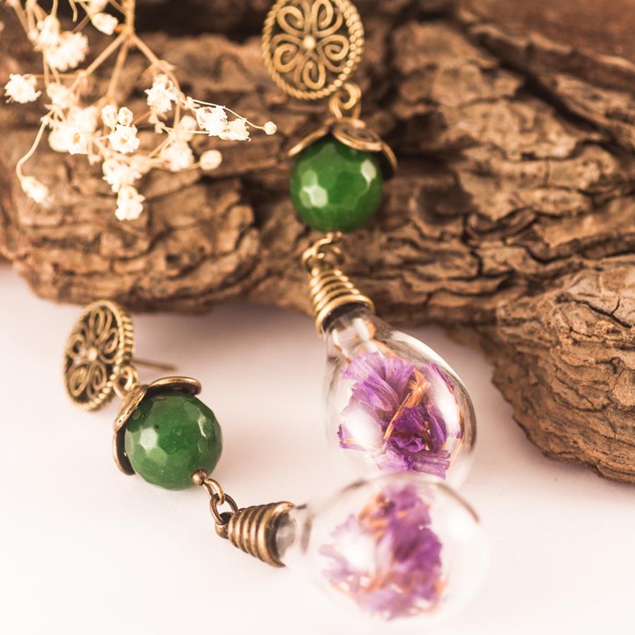 Pendientes Calcedonia y Flores secas Morados