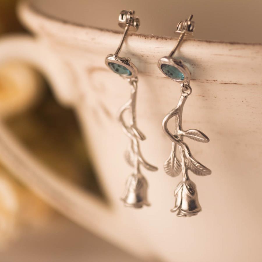 Pendientes Rosa color plata y azul | PNRPYA | Pendientes, para novias, de boda, de plata