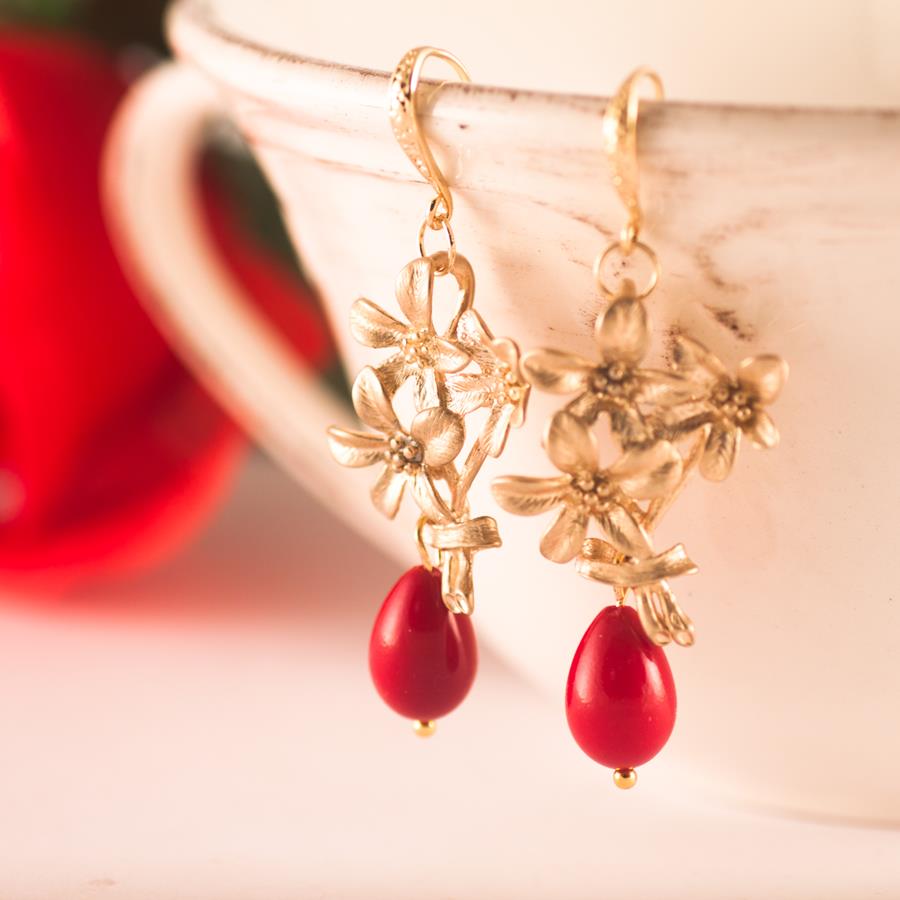 Pendientes Flores Oro Rojos