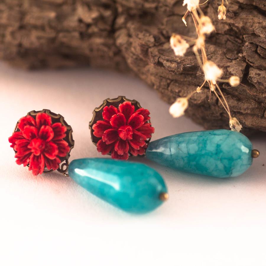 Pendientes Rosa Roja Y lágrima de Jade Azul