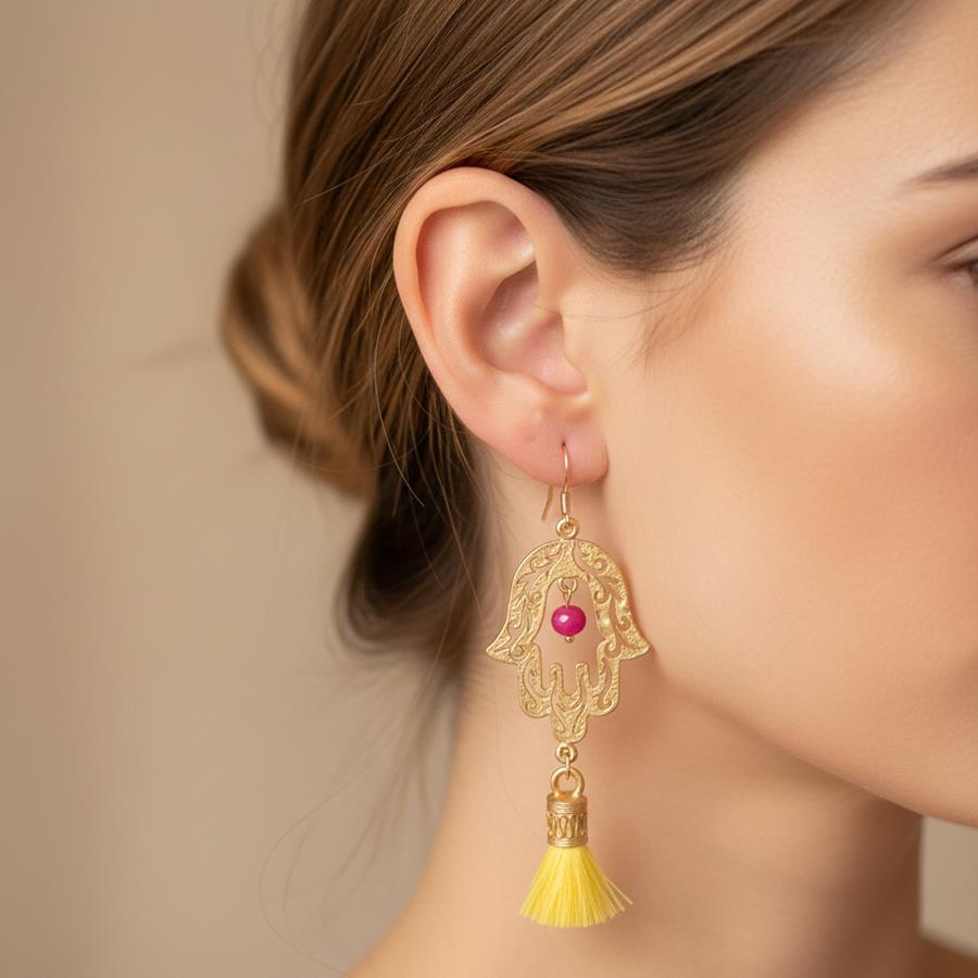 Pendientes Henna | PNHENN | Pendientes, Largos, Amarillos, de Mano de Fatima, Oro mate