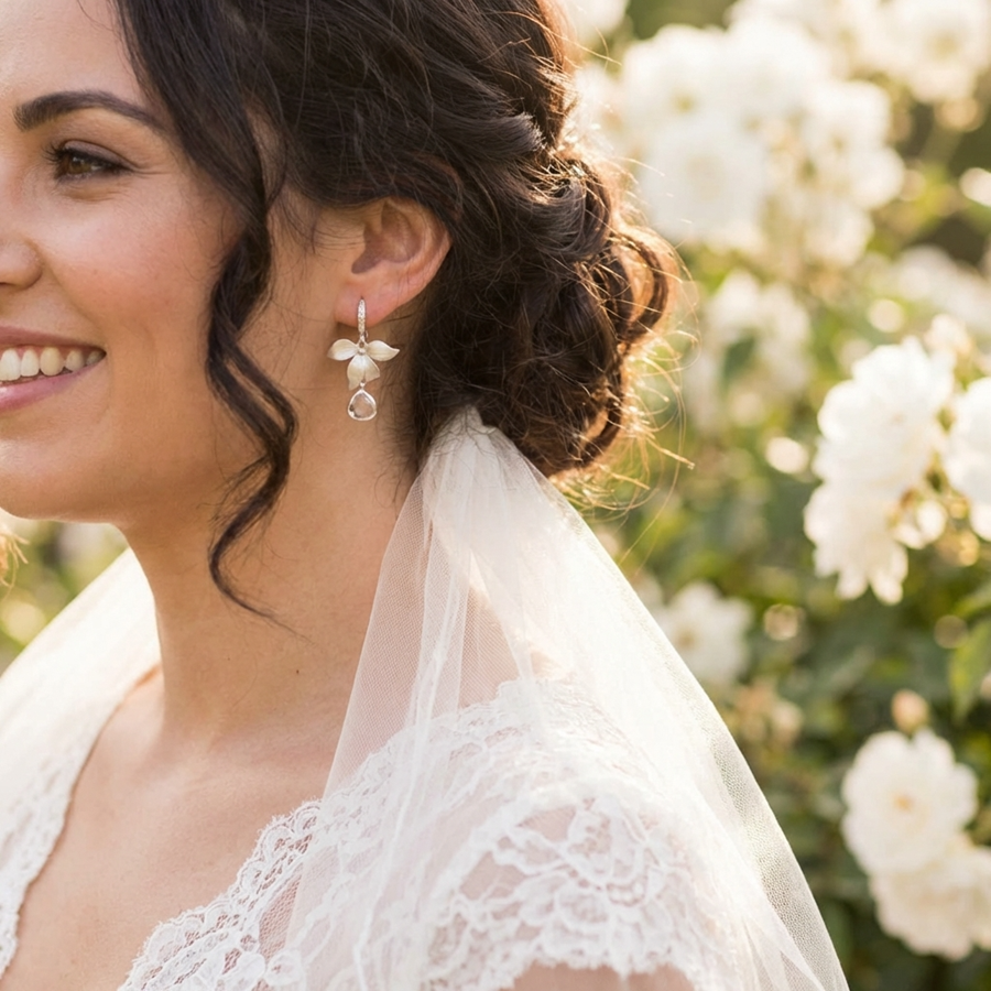 Pendientes Delicate | PNDELI | Pendientes, para novias, de boda, plateados, de flores, de rama