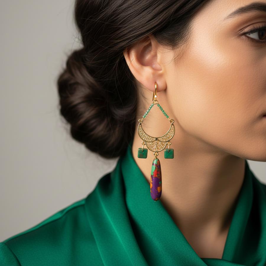 Pendientes Damasco | PNDAMA | Pendientes, Largos, de piedras, de oro, menta, verdes