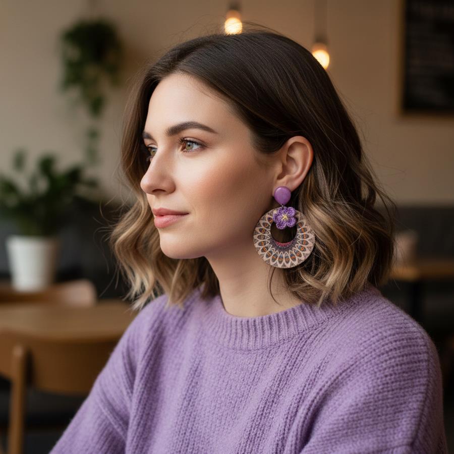 Pendientes Pocahontas | PNPOCA | Pendientes, de aro, de madera, morados, de ganchillo, de flores