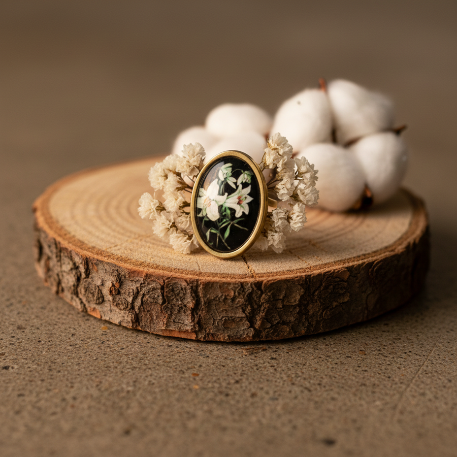 Anillo Bouquet | ANBOUQ | ANILLOS, anillo ajustable, de acero inoxidable, de cristal, de flores, negro