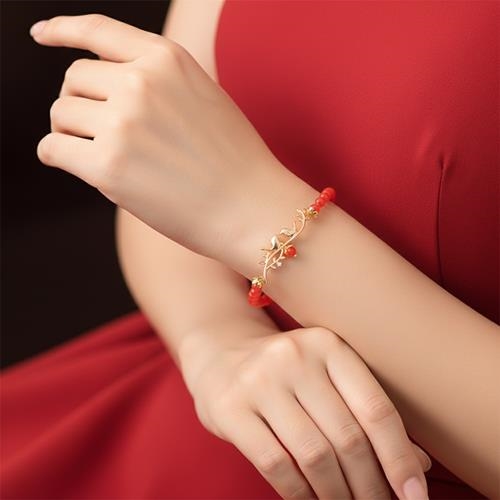 Pulsera Calcedonia pajaritos | PLCAPA | Pulsera, de oro, roja, de pajaritos, de piedras
