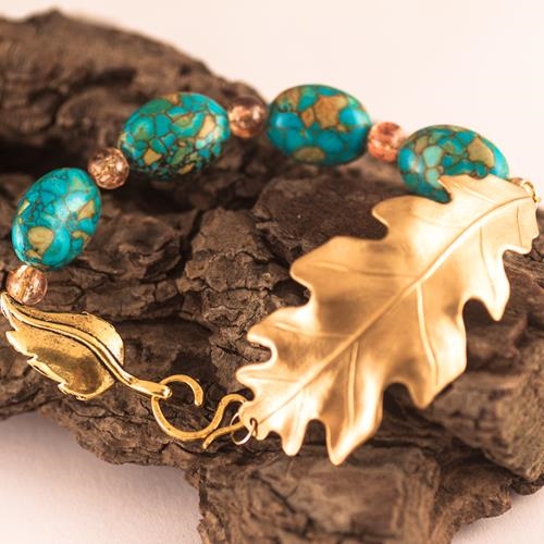 Pulsera Hoja y Turquesas | PLHOTUR | pulseras, de, turquesas, turquesa, hoja, hojas, azules, azul, dorada, de hojas, de oro
