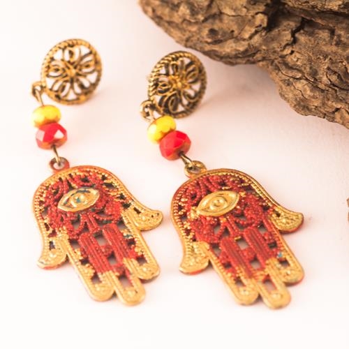 Pendientes Mano de Fátima | PNMAFA | Pendientes Rojos, Hamsa, Yoga, Pendientes Metal, Oriente, Suerte, Pendiente, de Mano de Fátima, de la Suerte, largos