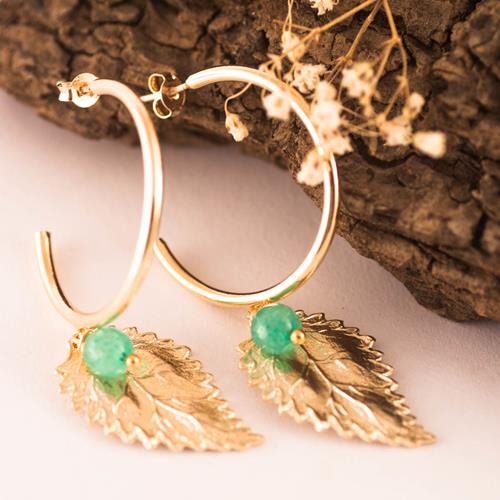 Pendientes Aro Hoja de Parra | PNARHP | pendientes, largos, de aros, de hojas, de calcedonias, de oro, dorados 