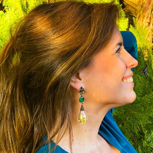 Pendientes Crisocola y Flores Secas | PNCRFL | Pendientes, Largos, de Crisocolas, de piedras, de flores, bronce