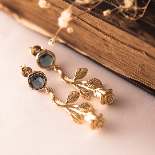 Pendientes Rosa de Oro Azules | PNROAZ | Pendientes, para Novias, de Boda, azul, de Rosas, de Oro mate, Largos