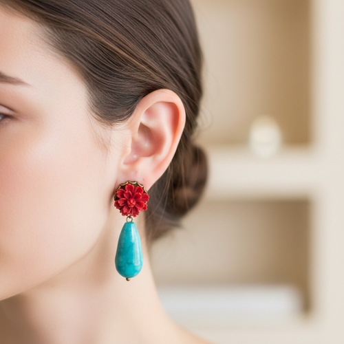 Pendientes Rosa Roja y Jade Azul | PNRRJA | Pendientes, de Rosas, Rojos, Azules, de Piedras, de Jade