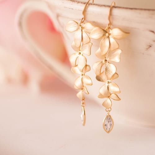 Pendientes Oro Orquídea | PNOORQ | Pendientes, Largos, de Fiesta, Oro, para Novias, Flores