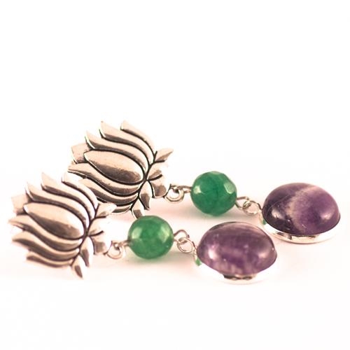 Pendientes Flor de Loto | PNFLLI | pendientes, de, largos, morados, verdes, ágatas, aventurinas, plata, flor de loto