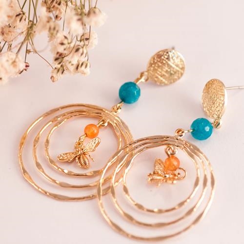 Pendientes Tres Aros Abeja | PNTRAA | Pendientes, Largos, de Oro, Calcedonias, Abejas