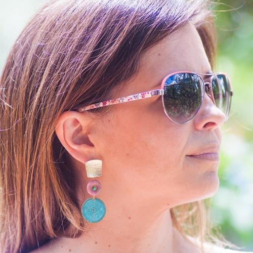 Pendientes Moneda Largos | PNMOLA | pendientes, de, rodonita, rodonitas, rosa, rosas, monedas, moneda, patina, largos, oro, plata de ley