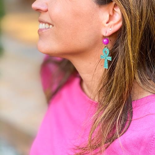 Pendientes Cruz Egipcia | PNCREG | Pendientes, de, verdes, metal, calcedonia, calcedonias, morados, llave de la vida, llave egipcia