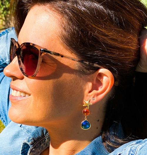 Pendientes Estrella y Cristal | PNESCR | pendientes, de, para, cristal, azules, naranjas, estrellas, de fiesta, oro, largos, plata de ley, azul